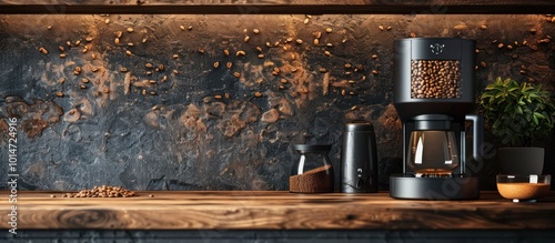 Cozy and inviting coffee corner setup with industrial rustic design elements including a coffee maker grinder and potted plant on a wooden shelf against a concrete wall Ideal for a relaxing morning