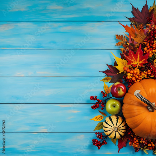 halloween background with pumpkins on blue wooedn background with copy-space, autumn leaves, fall photo