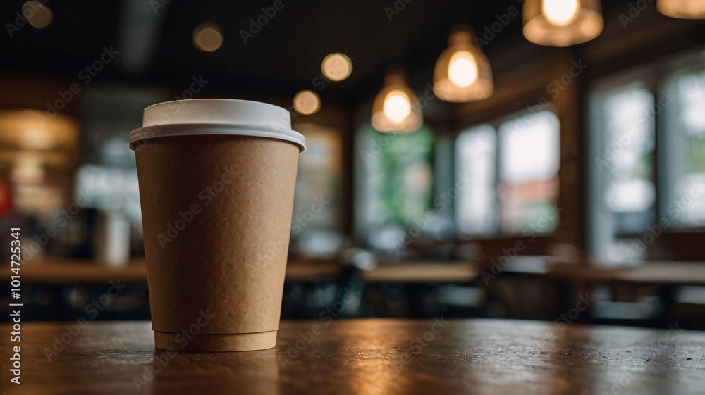 Blank take away craft paper cup of coffee on wooden table with blurred cafe background for copy space of mock up, 3D rendering, & photo. Blank take away craft paper cup of coffee on wooden table with blurred cafe background for copy space of mock up, 3D rendering, & photo.