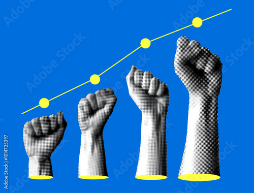 Modern collage with sales chart. Halftone hands raised up with closed fist. Concept of financial success. Teamwork 