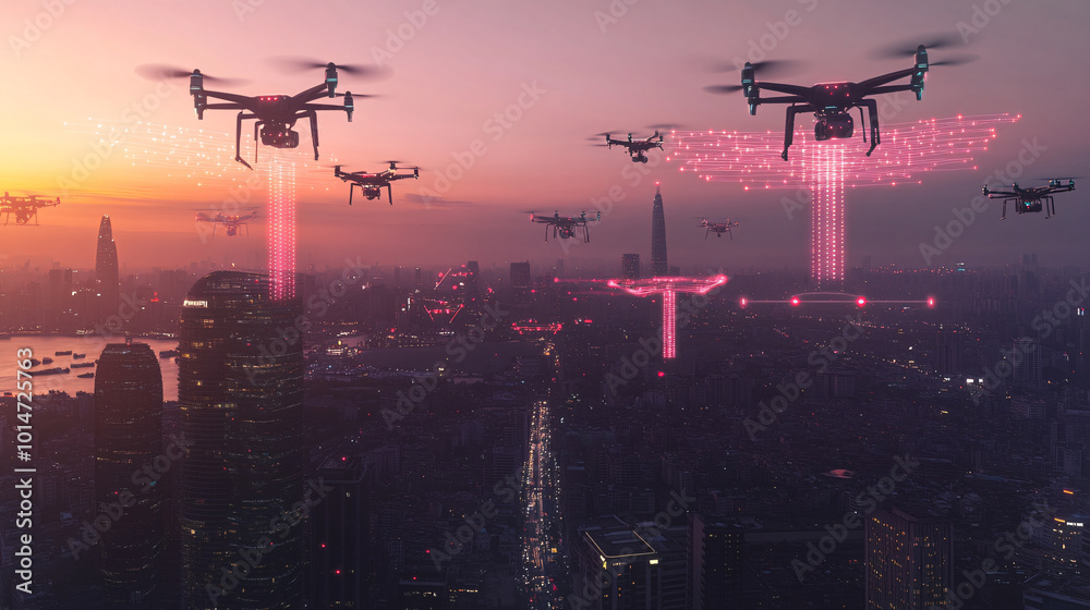 Drones flying over a city skyline at sunset with pink and purple lights Drones flying over a city skyline at sunset with pink and purple lights
