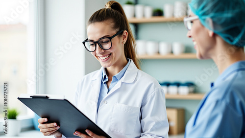 A scientist in a lab coat and glasses examines various bottles on a table, focused and curious about their contents
