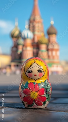 Colorful Russian matryoshka doll with vibrant floral design in focus, set against the iconic St. Basil's Cathedral out of focus.