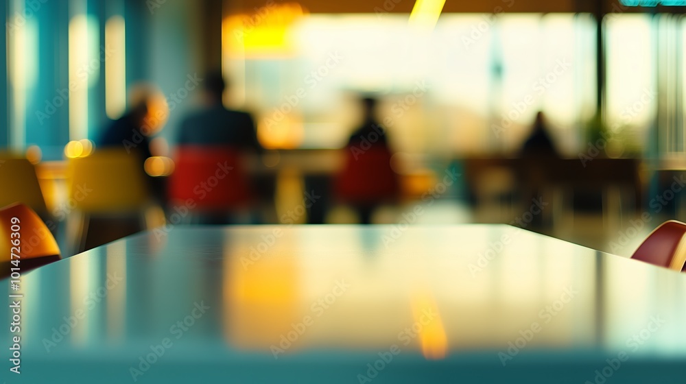 An empty cafeteria table in focus with a vibrant, blurred background of colorful chairs and people in a sunlit setting. An empty cafeteria table in focus with a vibrant, blurred background of colorful chairs and people in a sunlit setting.