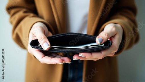 Holding an empty wallet photo, means broke or don't have any money