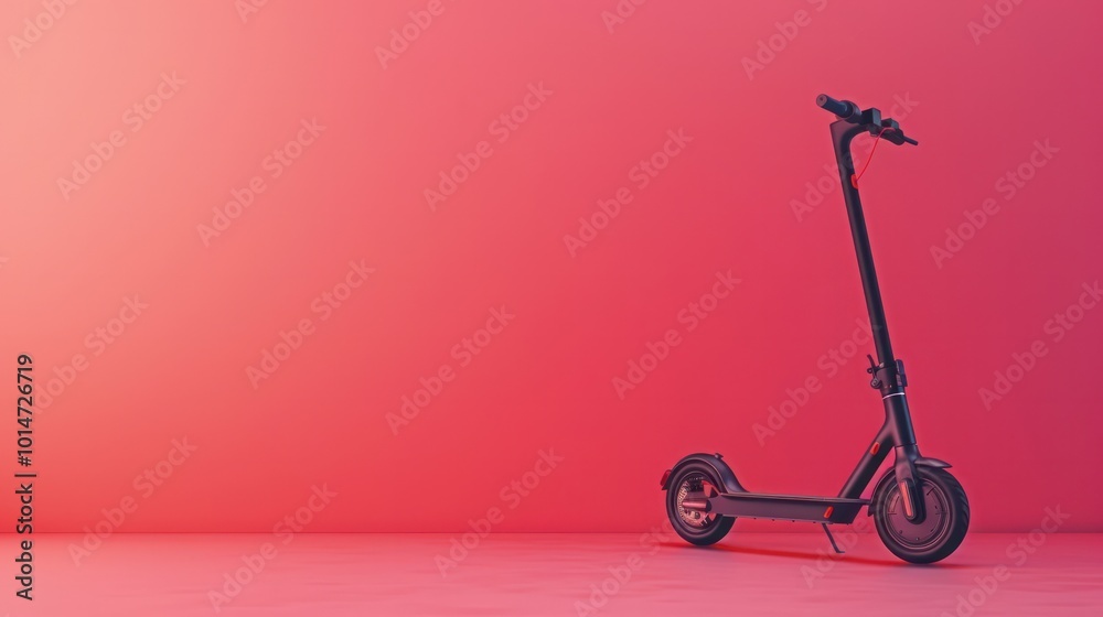 Striking image of a modern compact electric scooter against a vibrant red and pink gradient background  The futuristic minimalist design of the scooter conveys a sense of sustainable