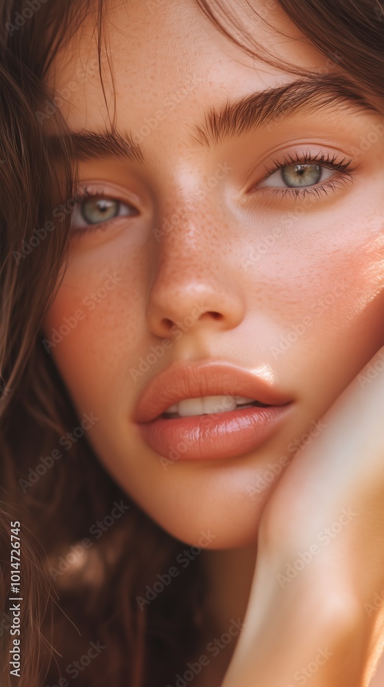 Closeup portrait of a woman with freckles, soft natural makeup, and serene expression. Ideal for beauty and skincare themes. Closeup portrait of a woman with freckles, soft natural makeup, and serene expression. Ideal for beauty and skincare themes.