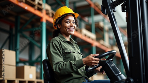 Smiling women worker using forklift