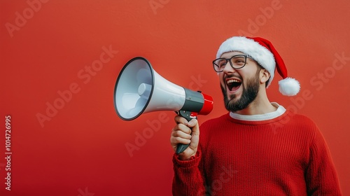 Man wearing Santa hat enthusiastically using a megaphone against a red background, celebrating and spreading festive cheer.