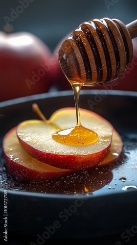 Golden honey pours over juicy apple slices, creating a mouthwatering contrast of flavors and textures. Ideal for autumn recipes. photo