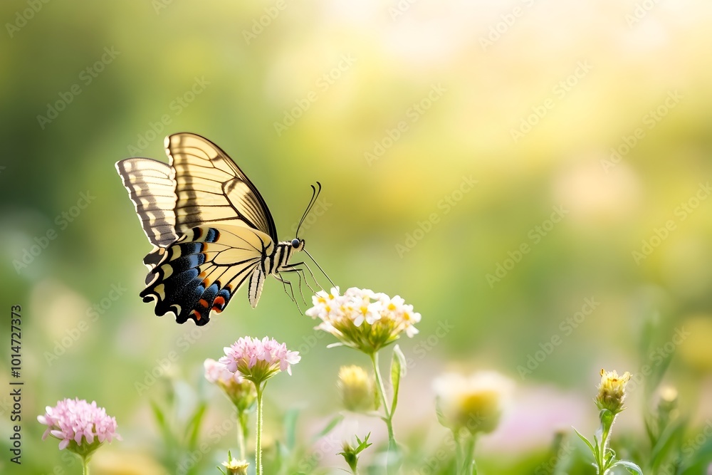 Macro photograph capturing the intricate details of a delicate butterfly gently landing and resting on a vibrant wildflower amidst the serene and lush landscape of a peaceful meadow Macro photograph capturing the intricate details of a delicate butterfly gently landing and resting on a vibrant wildflower amidst the serene and lush landscape of a peaceful meadow