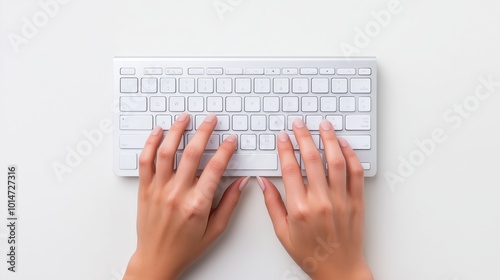 Close-up of hands typing on a sleek white keyboard, highlighting modern technology and productivity in a minimalist setting.