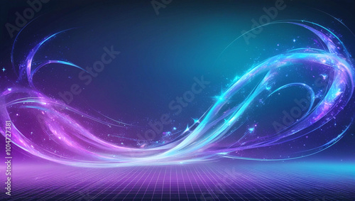Dark blue abstract background with ultraviolet neon glow, blurry light lines, waves