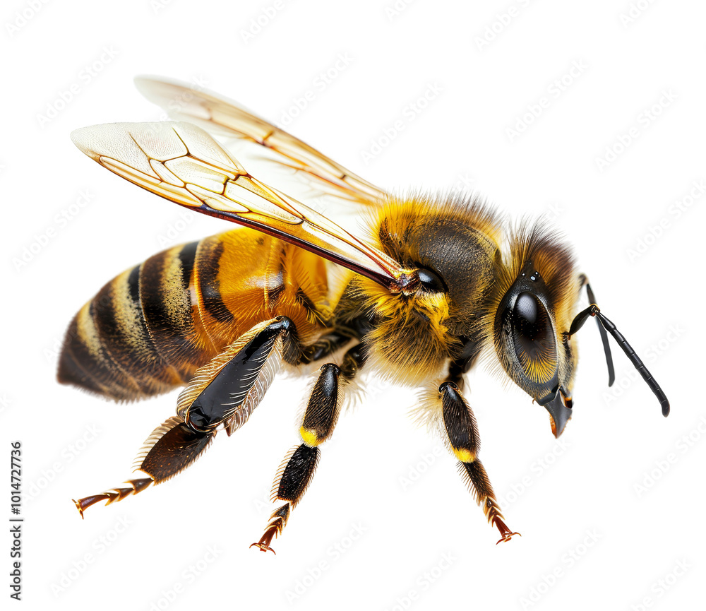 Close-Up of a Honey Bee Displaying Detailed Features and Wings Close-Up of a Honey Bee Displaying Detailed Features and Wings