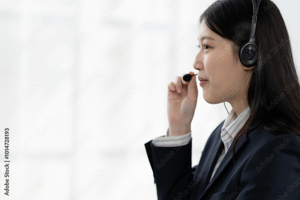 Woman wearing headphones and smiling while working hard in office. Call center. Telemarketing agent. Customer support. Friendly staff in customer support. Wearing headphones with microphone. Woman wearing headphones and smiling while working hard in office. Call center. Telemarketing agent. Customer support. Friendly staff in customer support. Wearing headphones with microphone.