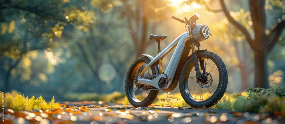 Naklejka premium Sleek and futuristic electric mountain bike navigating a woodland trail at sunset showcasing the innovation and eco friendly mobility of modern transportation