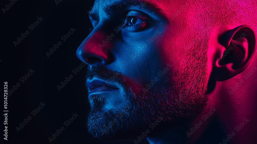 close up portrait of a man face illuminated by blue and red light casting dramatic shadows His eyes gaze upwards and his beard is visible close up portrait of a man face illuminated by blue and red light casting dramatic shadows His eyes gaze upwards and his beard is visible