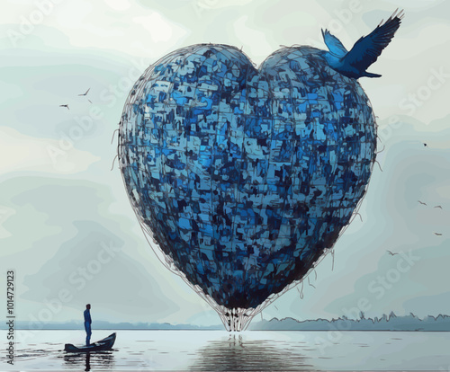 A boat sails across calm waters, carrying a heart-shaped balloon made of photos, symbolizing an emotional journey through memories, love, and nostalgia in a surreal landscape.