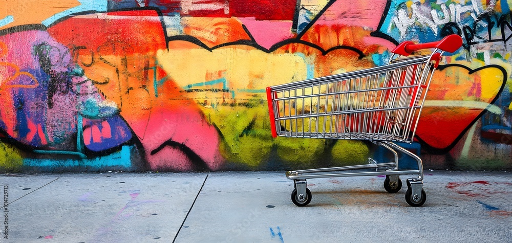 © Ytnart - A vibrant shopping cart against a colorful graffiti wall, embodying urban exploration and city life. © Ytnart - A vibrant shopping cart against a colorful graffiti wall, embodying urban exploration and city life.