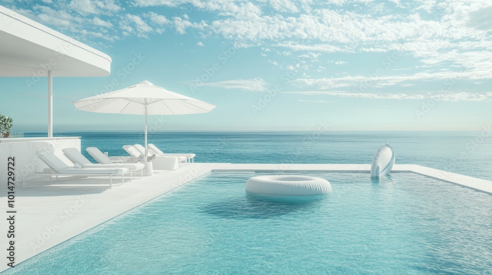 A serene beach club features minimalistic design with white sun loungers under umbrellas beside a shimmering pool, pristine sand beach, and a surfboard waiting for adventures A serene beach club features minimalistic design with white sun loungers under umbrellas beside a shimmering pool, pristine sand beach, and a surfboard waiting for adventures