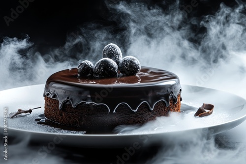 A decadent sachertorte with glossy chocolate glaze, presented in a modern setting with minimal decor, surrounded by clouds of liquid nitrogen vapor for a high-end magazine shoot. photo