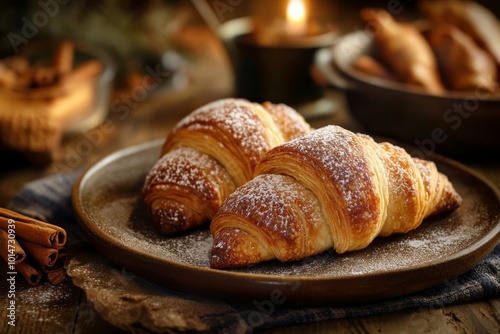 Classic rugelach pastries, golden brown and sprinkled with cinnamon sugar, captured in a cozy setting for a luxurious magazine photo. photo