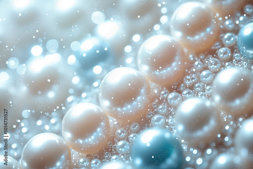 A cluster of white pearls against a pastel light blue background. A cluster of white pearls against a pastel light blue background.