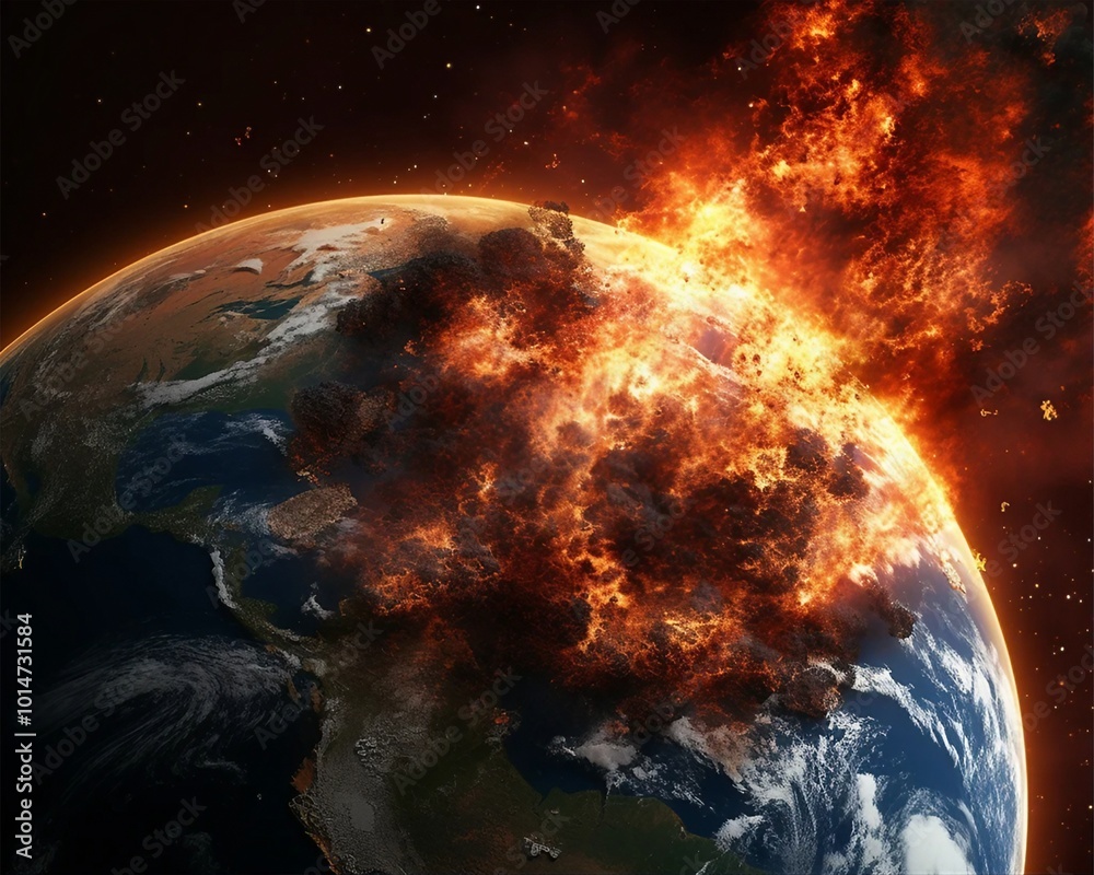 burning planet Earth in space. The planet is engulfed in flames, with ...