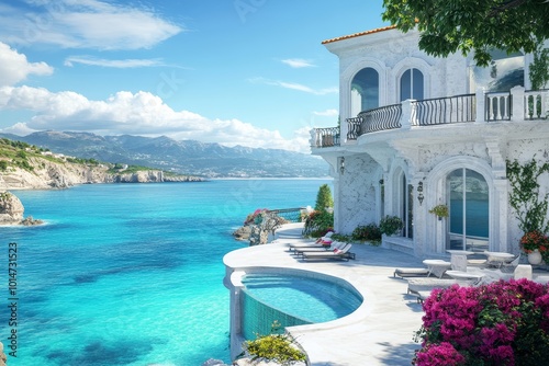 Mediterranean villa overlooking the sea with vibrant blue water and white stone buildings, captured with ultra realism and epic composition for high-quality travel imagery. photo