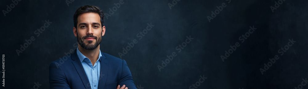 Confident Businessman in Formal Attire with Crossed Arms Against Dark Background Confident Businessman in Formal Attire with Crossed Arms Against Dark Background