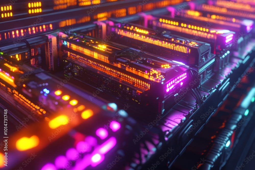 Cryptocurrency mining farm with rows of GPUs glowing with futuristic lights, captured with ultra realism and epic composition for high-tech imagery.