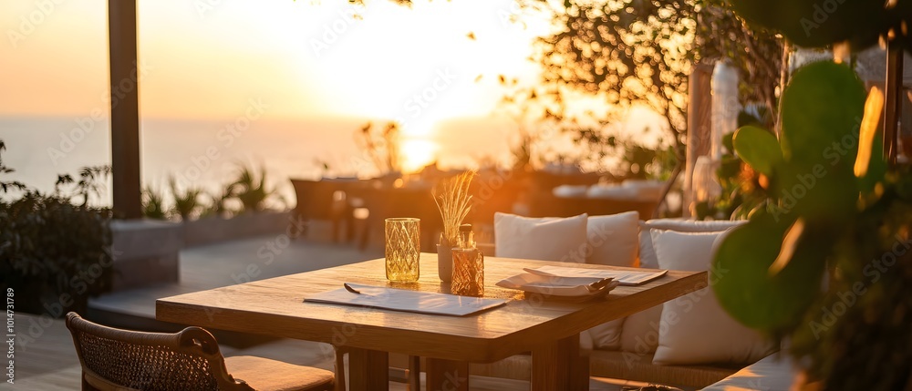 Obraz premium Stunning sunset view from a cozy restaurant terrace, featuring elegant table setup and refreshing drinks amidst natural beauty.