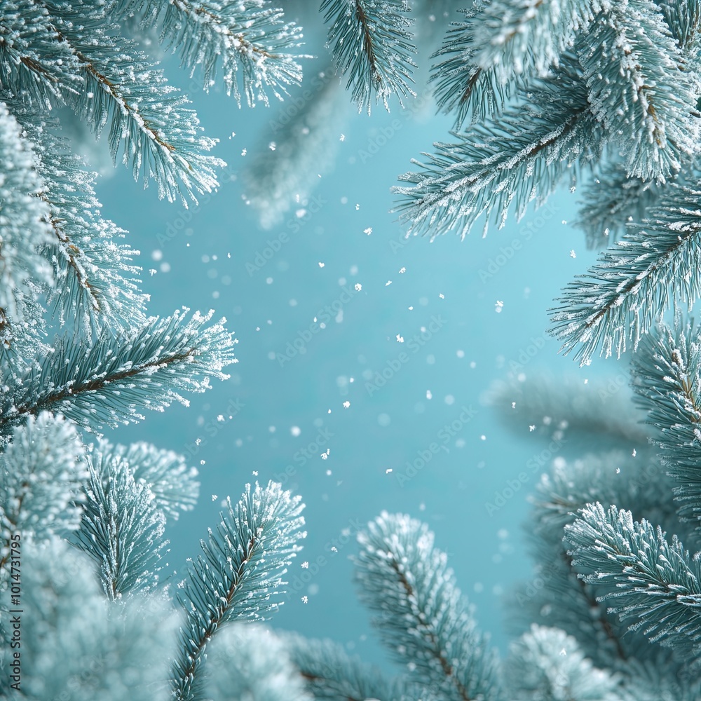 A snowy winter background with snowflakes and pine branches, creating an atmosphere of Christmas and New Year celebration. Winter.