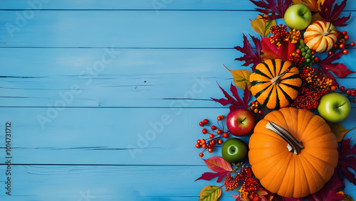 halloween background with pumpkins on blue wooedn background with copy-space, autumn leaves, fall photo