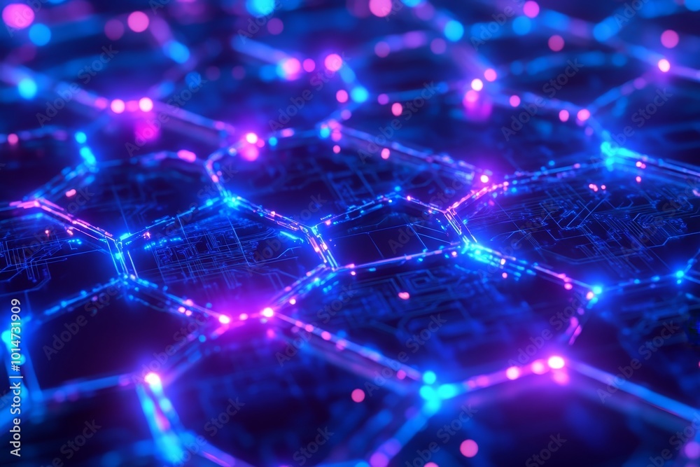 Blockchain network expanding across a digital landscape, glowing blue and purple lights, captured with ultra realism and epic composition for high-tech visuals. Blockchain network expanding across a digital landscape, glowing blue and purple lights, captured with ultra realism and epic composition for high-tech visuals.