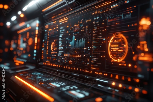 Futuristic data analysis dashboard with glowing graphs and flowing data streams, captured with ultra realism and epic composition for high-end visuals.