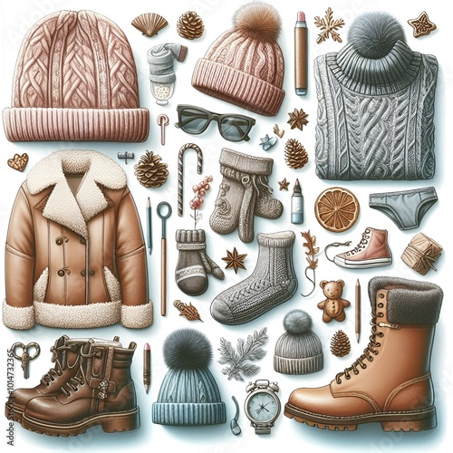 Set of winter clothes and accessories