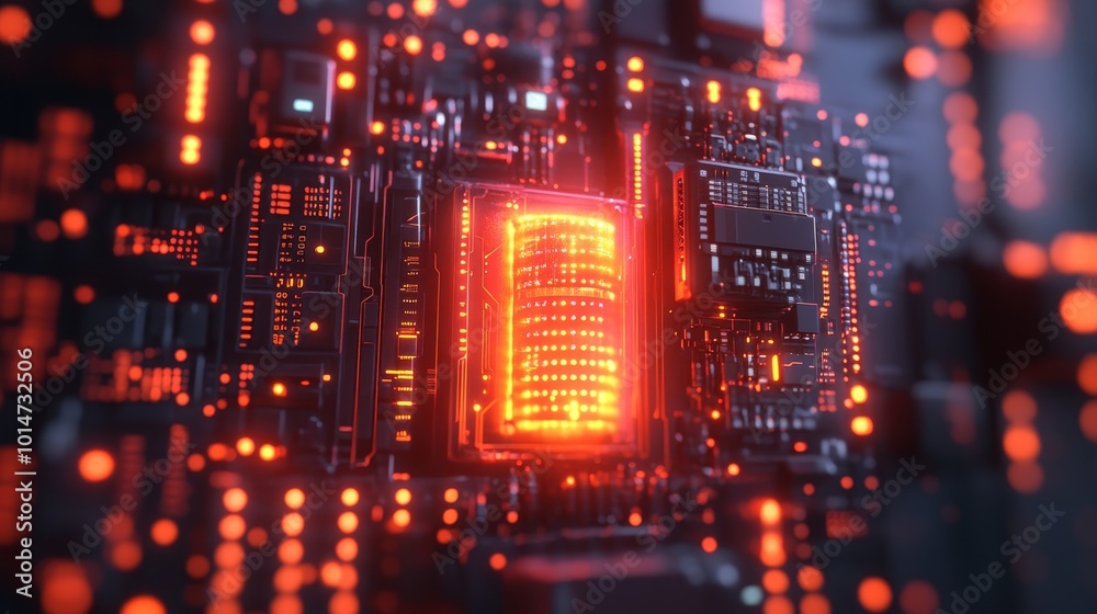 Close-up of a glowing data server surrounded by interconnected circuits and binary code, captured with ultra realism and epic composition for tech-inspired visuals.