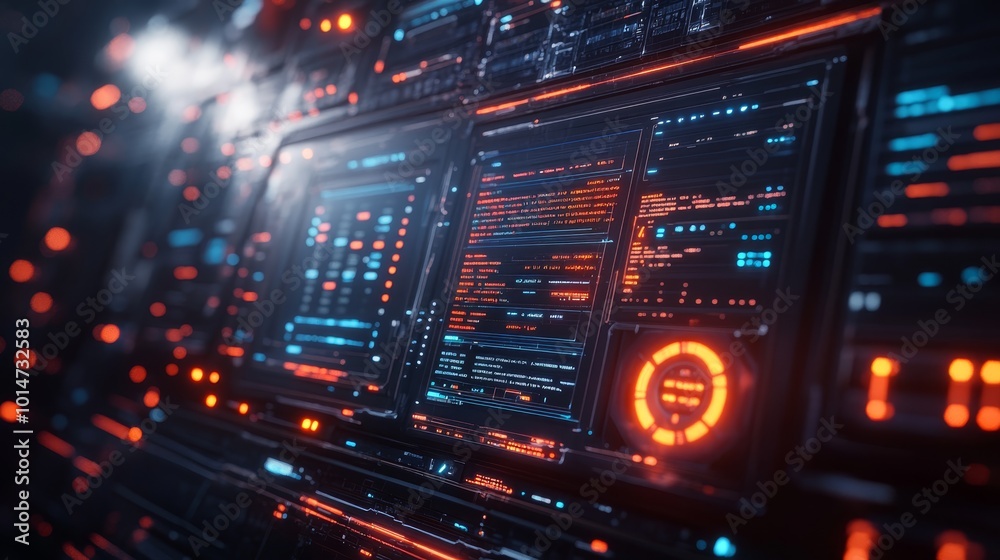 Close-up of a programming dashboard with a real-time coding interface in a futuristic design, captured with ultra realism and epic composition for high-tech visuals. Close-up of a programming dashboard with a real-time coding interface in a futuristic design, captured with ultra realism and epic composition for high-tech visuals.