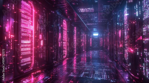 Futuristic computer server room with glowing lights and holographic coding interfaces, captured with ultra realism and epic composition for high-end visuals.