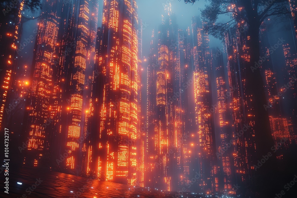 Fototapeta premium Abstract coding process visualized with glowing symbols and digital data flows, captured with ultra realism and epic composition for high-tech visuals.