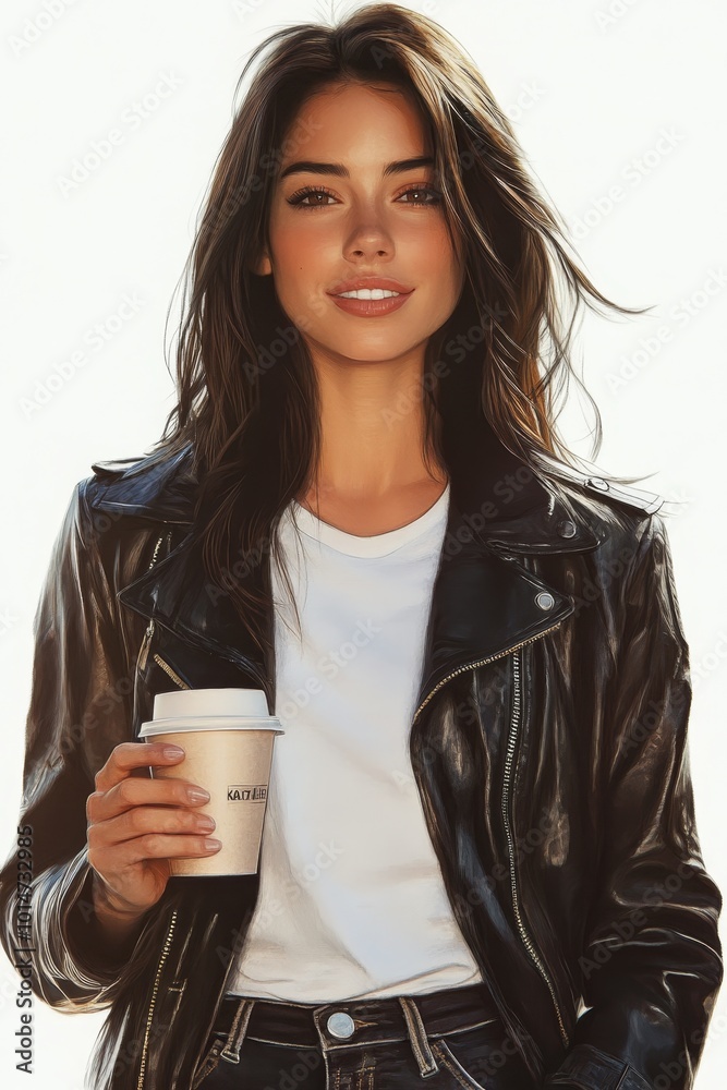 23-year-old woman with straight dark brown hair, wearing a leather jacket and white t-shirt, holding a coffee cup, bold smile and confident gaze enhanced by soft lighting. 23-year-old woman with straight dark brown hair, wearing a leather jacket and white t-shirt, holding a coffee cup, bold smile and confident gaze enhanced by soft lighting.