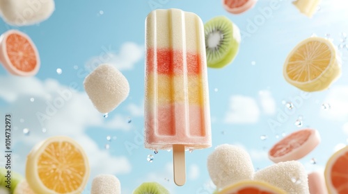 3D render of Close-up of a colorful ice pop with fruity layers melting in the sun