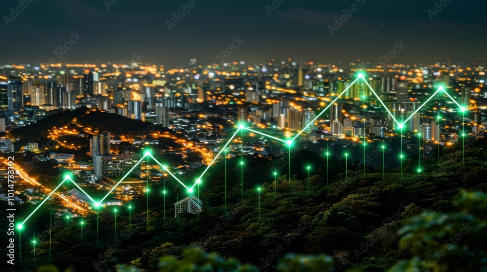 Fototapeta premium Transmission tower and sparkline chart depict soaring electricity prices during energy crisis