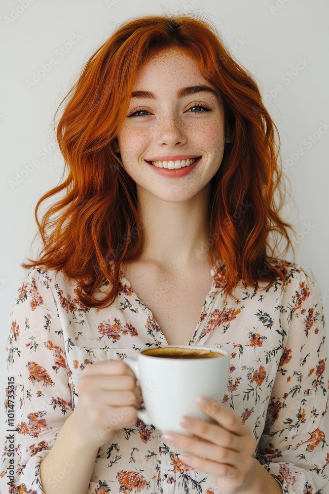 22-year-old woman with medium-length red hair, wearing a floral blouse, holding a cup of coffee, soft lighting enhancing her relaxed smile and bright eyes. 22-year-old woman with medium-length red hair, wearing a floral blouse, holding a cup of coffee, soft lighting enhancing her relaxed smile and bright eyes.