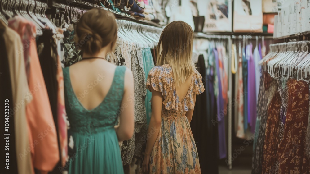 Women choosing a dress. Shopping for clothes with friends. Women choosing a dress. Shopping for clothes with friends.