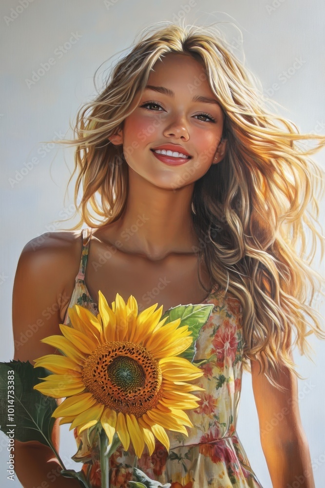 18-year-old girl with medium-length blonde hair, wearing a sundress, holding a sunflower, light reflecting off her joyful expression and glowing skin. 18-year-old girl with medium-length blonde hair, wearing a sundress, holding a sunflower, light reflecting off her joyful expression and glowing skin.