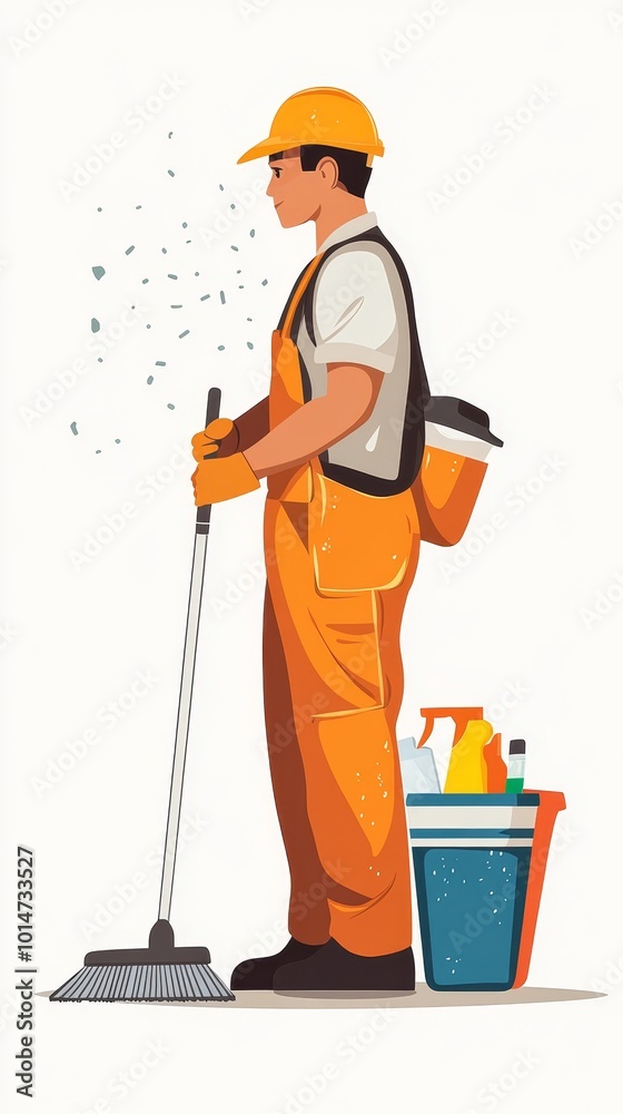 Stylized image of a janitor holding a mop and cleaning supplies, flat style on white background. Stylized image of a janitor holding a mop and cleaning supplies, flat style on white background.