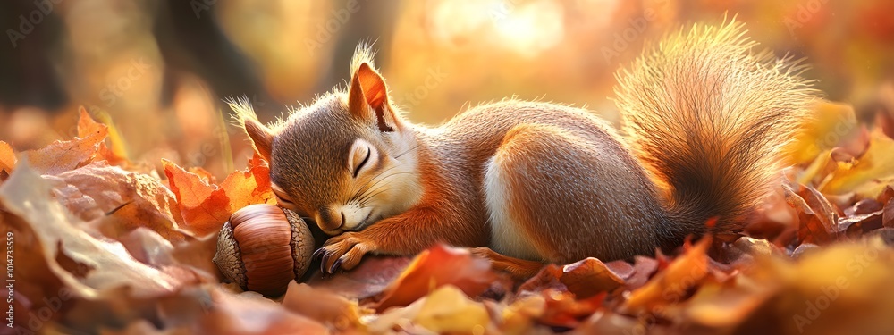 Fototapeta premium A cute squirrel sleeping in an acorn, surrounded by autumn leaves