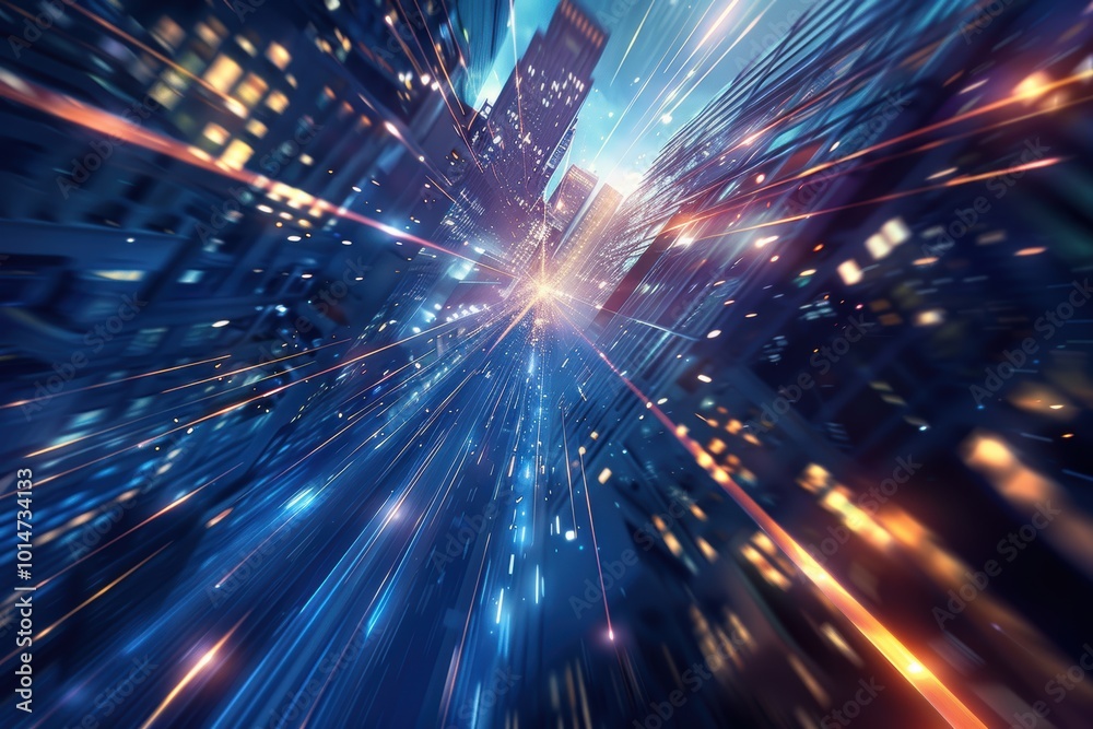 Fototapeta premium Futuristic New Year's Skyline with Dynamic Light Streaks Against a Dark Blue Sky